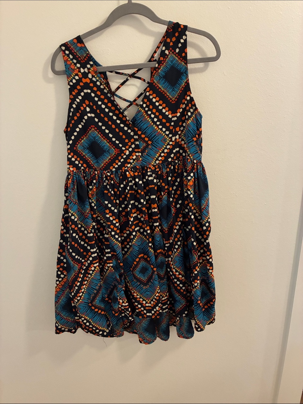 Sleeveless Black Dress with Blue & Orange Geometric Print